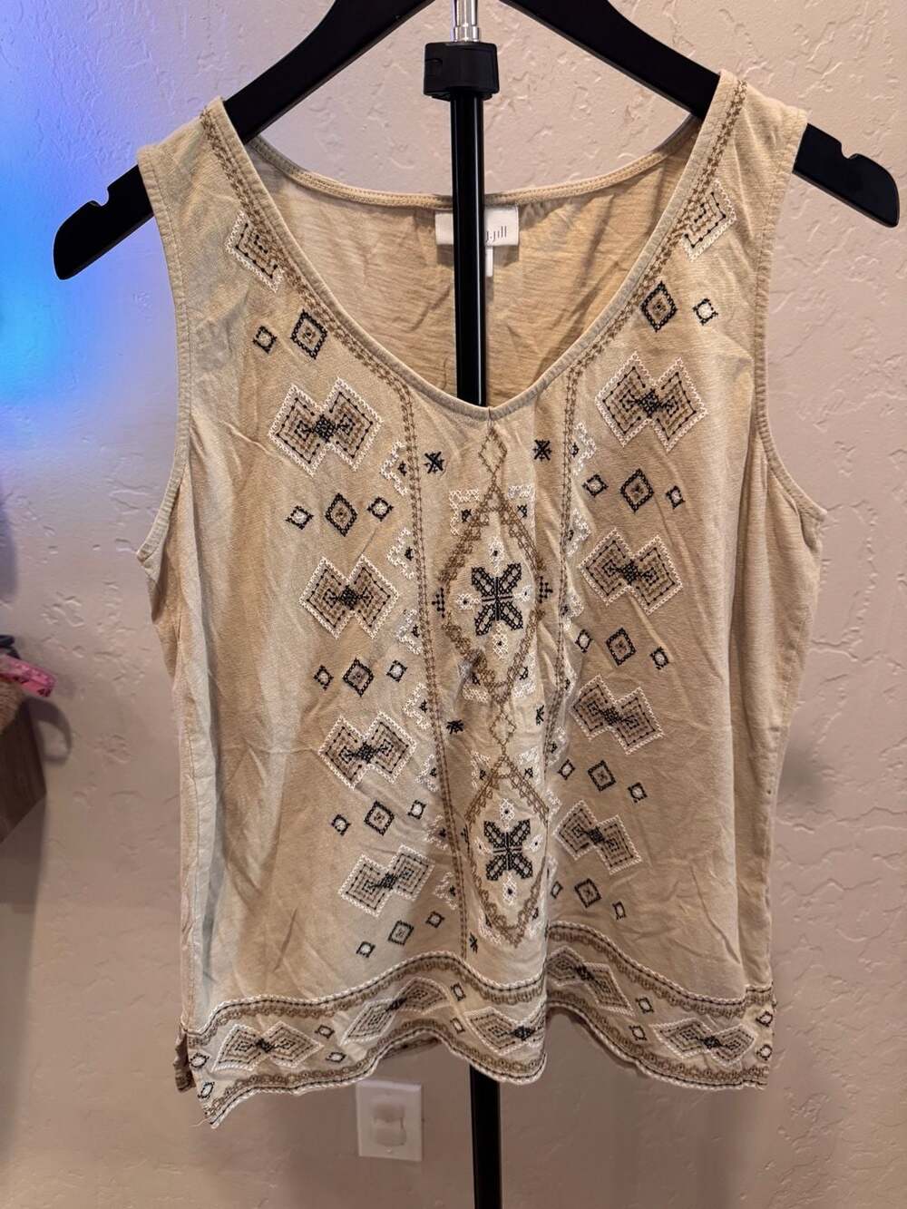 J.Jill Women's Sleeveless Tank Top with Embroidered Boho Geometric Pattern, Tan/